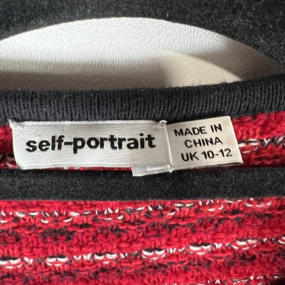 Self Portrait Melange Knit Bow Rhinestone Button Red Tweed Mini Dress Medium 6/8 - Picture 5 of 9